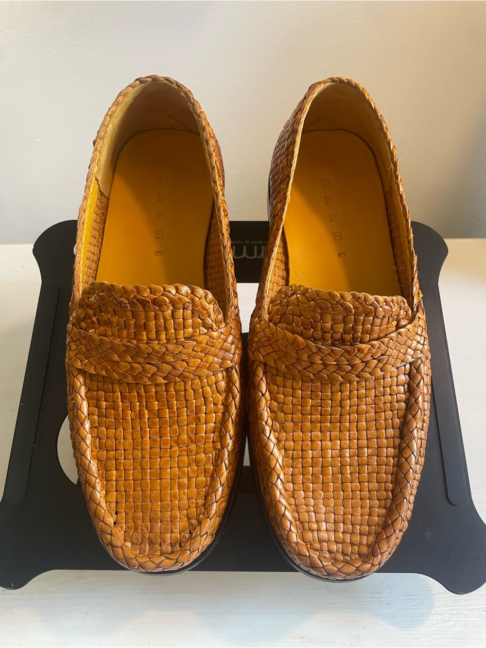 Marni Woven Leather Loafers in Cognac Tan
